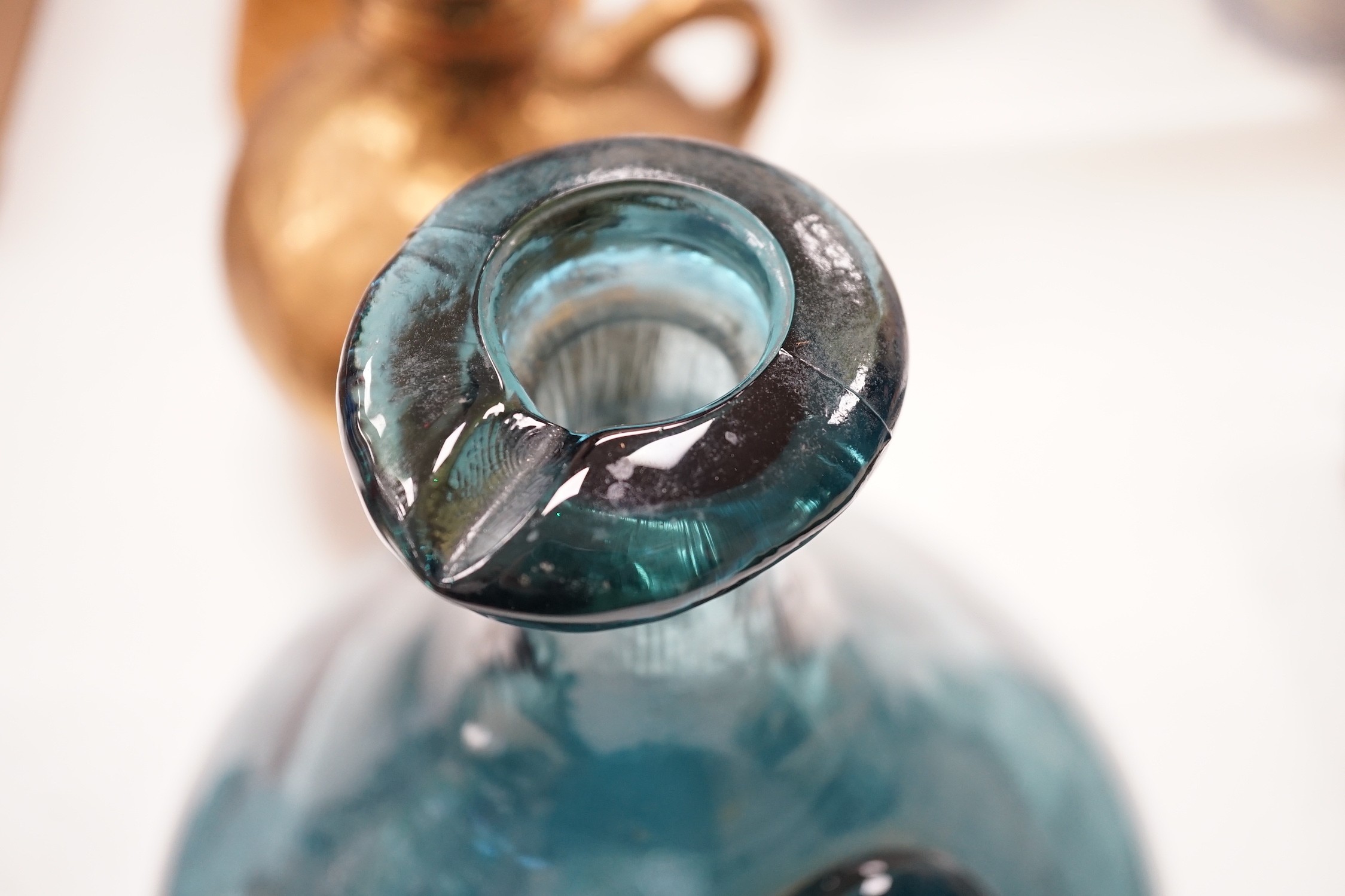 After Michelangelo - David, signed Ruggeri, a cast metal monopodia, bronze ewer and pressed glass carafe, tallest 83cms high